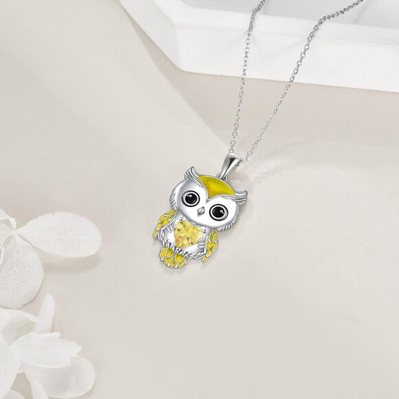 Women's Yellow Sterling Silver Birthstone Cubic Zirconia Pendant Owl Necklace - Picture 4 of 7